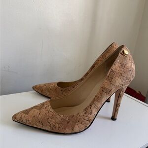 Neiman Marcus Cork Pointed-Toe Stiletto Pumps - Cork Beige